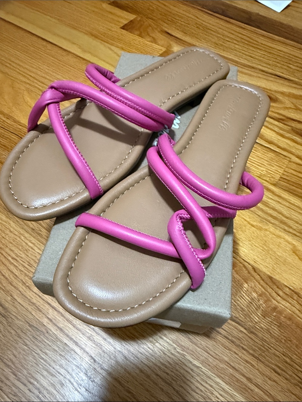 Madewell Pink Strappy Slide Sandals with Tan Footbed